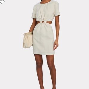 Like-new STAUD mini dress in white linen with cutout.
